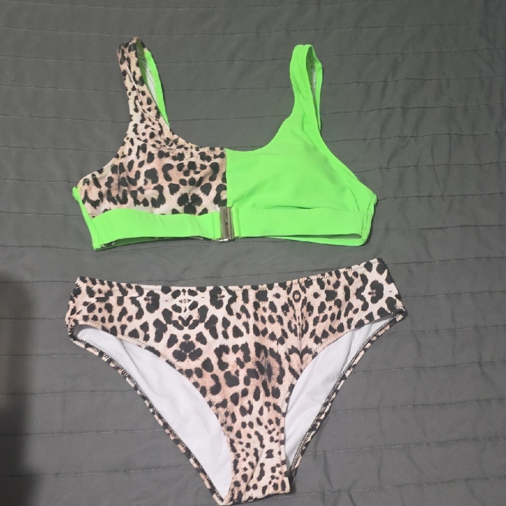Leopard Print and Neon Green Bikini Set